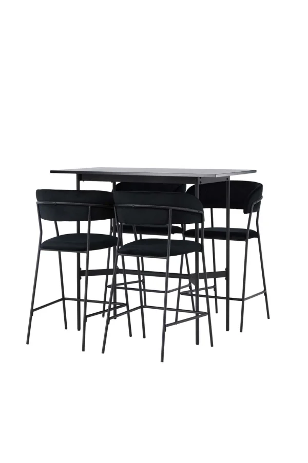 Rax Barmöbelsett Bartisch schwarz und 4 Lui Barhocker schwarz.