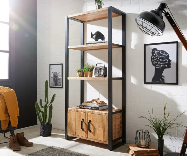 Regal Crompton 80x185 cm Mango Natur Metall Schwarz 3 Fächer 2 Türen