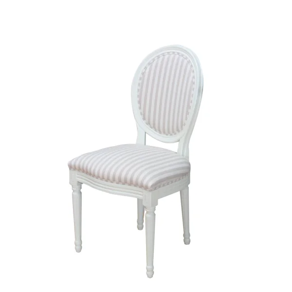 Rokoko/Amaretta Esszimmerstuhl antikweiss, Stoff beige gestreift.