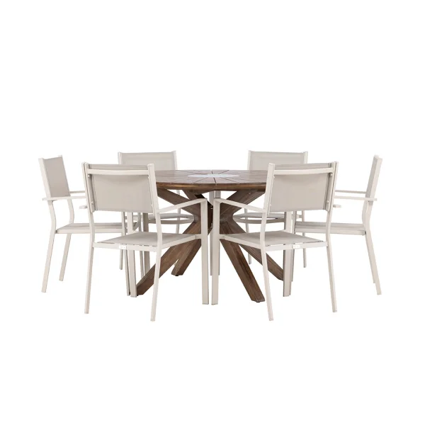 Rosario Gartenset Tisch Ø140cm braun, 6 Stühle beige.