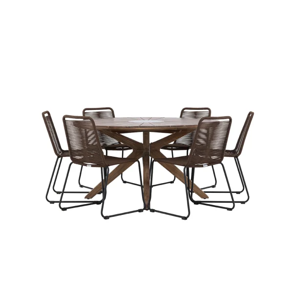 Rosario Gartenset Tisch Ø140cm braun, 6 Stühle braun.