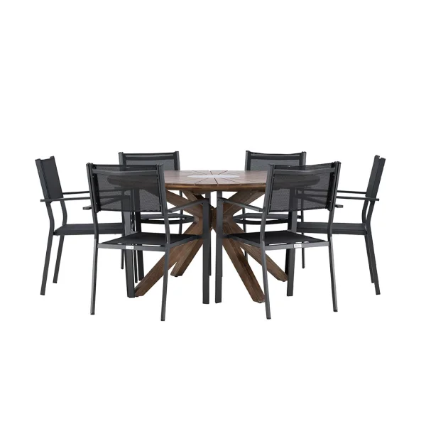 Rosario Gartenset Tisch Ø140cm braun, 6 Stühle schwarz.