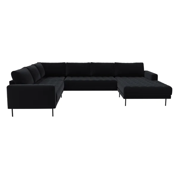 Rouge Ecksofa mit Chaiselongue und schwarzen Beinen.