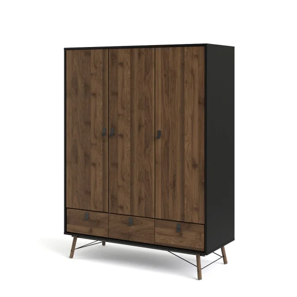 Rye Kleiderschrank 3 Türen, 3 Schubladen mattschwarz, Walnuss Dekor.