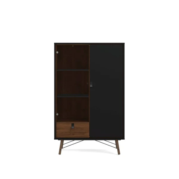 Rye Vitrinenschrank 1 Glastür, 1 Tür, 1 Schublade mattschwarz, wallnuss Dekor.