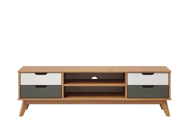 Scandik TV Tisch 4 Schubladen, 1 Ablage honig,weiß,grau.