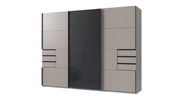 Schwebetürenschrank grau - schwarz mit Glasfront - 270 cm - SAIGON