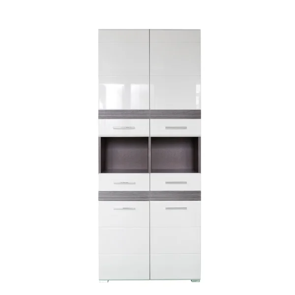 SetOne Bad Hochschrank 4 Türen, 2 Schubladen, 2 Offene Fächer rauchsilber, weiß Hochglanz.