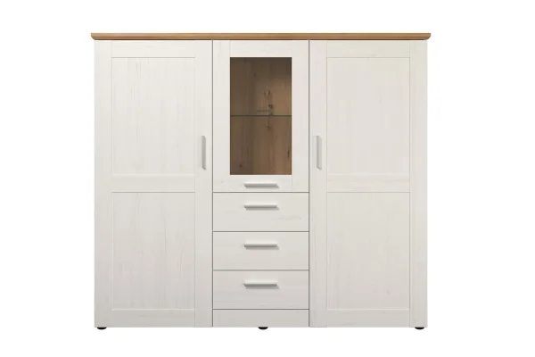 Shade Highboard 3 Türen, 3 Schubladen Pine weiß Dekor, Eiche Dekor.