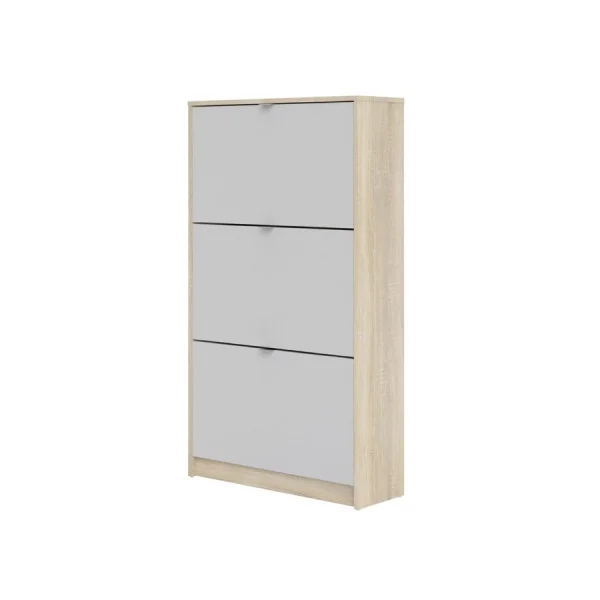 Shane Schuhschrank 3 Klapptüren 2R Eiche Struktur Dekor, weiss.