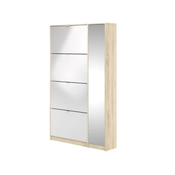 Shane Schuhschrank 4 Klapptüren 2R, 1 Spiegeltür eiche Struktur Dekor, hochglanz weiss.
