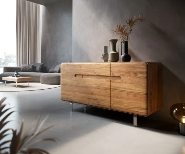 Sideboard Anaya 145 cm Akazie Natur 3 Türen L-Fuß Edelstahl