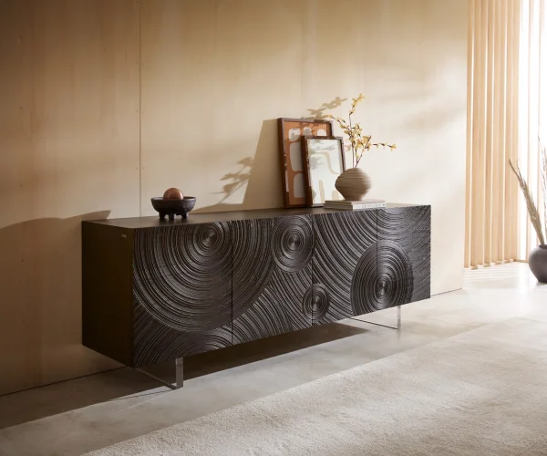 Sideboard Ashara 200 cm Esche Dunkelbraun 3D Effekt 4 Türen Fuß Schwebeoptik Acrylglas