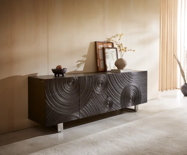 Sideboard Ashara 200 cm Esche Dunkelbraun 3D Effekt 4 Türen Kufe Edelstahl gebürstet