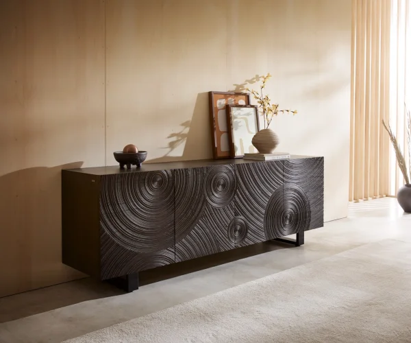 Sideboard Ashara 200 cm Esche Dunkelbraun 3D Effekt 4 Türen Kufe Metall Schwarz