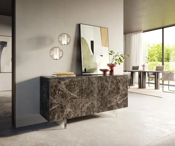 Sideboard Cuor 150 cm Keramik Laminam® Emperador Extra Lucidato Dunkelbraun 3 Türen Fuß Schwebeoptik Acrylglas
