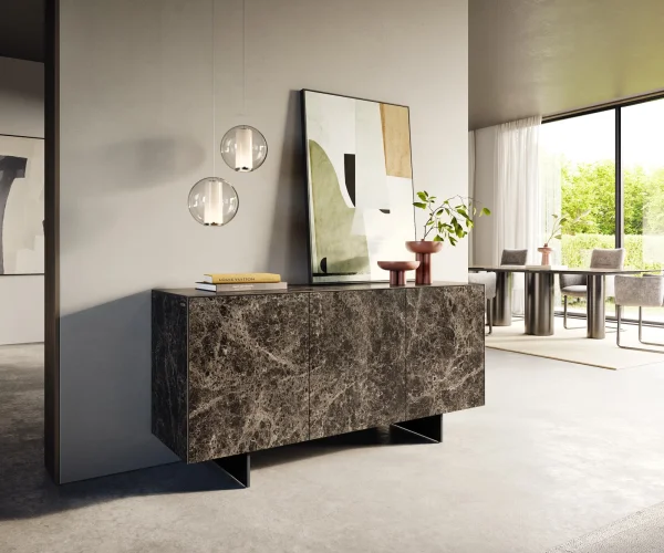 Sideboard Cuor 150 cm Keramik Laminam® Emperador Extra Lucidato Dunkelbraun 3 Türen Fuß Schwebeoptik Metall Schwarz