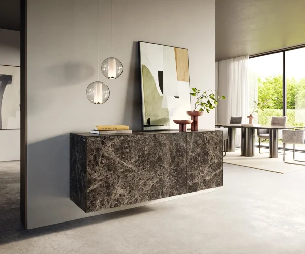 Sideboard Cuor 150 cm Keramik Laminam® Emperador Extra Lucidato Dunkelbraun 3 Türen Schwebend