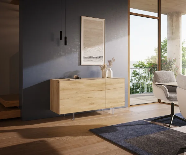 Sideboard Cuor 150 cm Keramik Laminam® Sabbia Eichefarbig 3 Türen Fuß Schwebeoptik Acrylglas