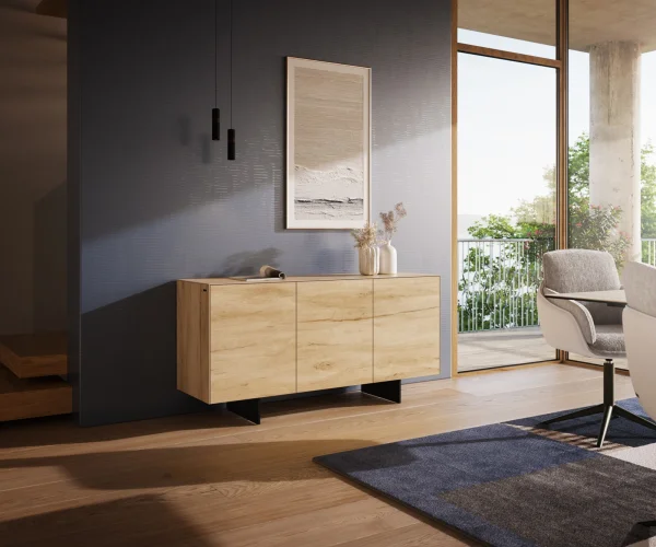 Sideboard Cuor 150 cm Keramik Laminam® Sabbia Eichefarbig 3 Türen Fuß Schwebeoptik Metall Schwarz