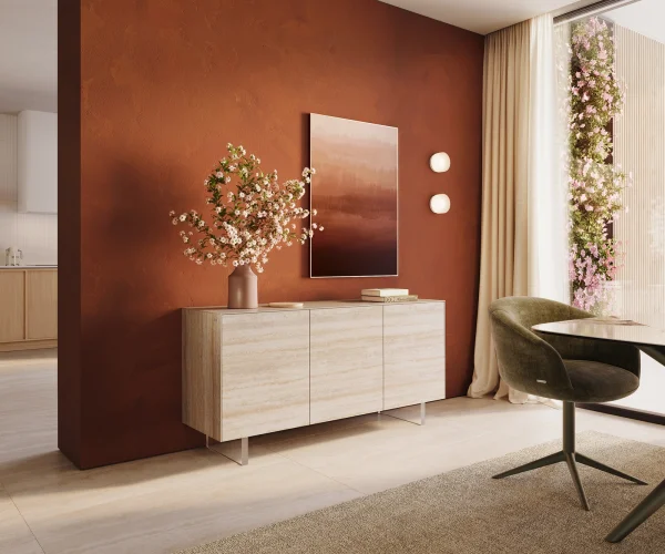 Sideboard Cuor 150 cm Keramik Laminam® Travertino Bianco Creme-Weiß 3 Türen Fuß Schwebeoptik Acrylglas