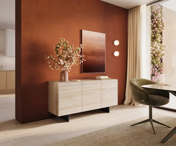 Sideboard Cuor 150 cm Keramik Laminam® Travertino Bianco Creme-Weiß 3 Türen Fuß Schwebeoptik Metall Schwarz