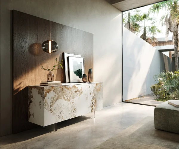 Sideboard Cuor 150 cm Keramik Minas Melange Weiß-Beige 3 Türen Fuß Schwebeoptik Acrylglas