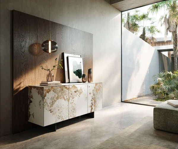 Sideboard Cuor 150 cm Keramik Minas Melange Weiß-Beige 3 Türen Fuß Schwebeoptik Metall Schwarz