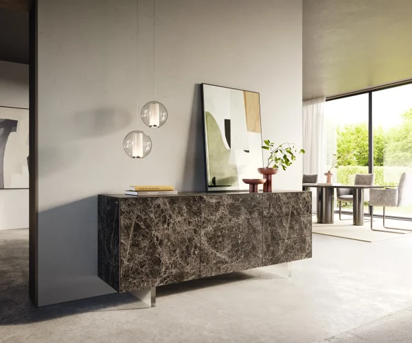 Sideboard Cuor 180 cm Keramik Emperador Extra Lucidato Dunkelbraun 2 Türen 3 Schubfächer Fuß Schwebeoptik Acrylglas