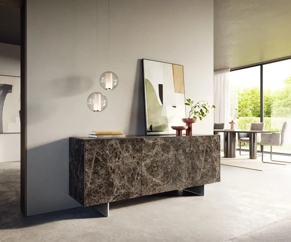 Sideboard Cuor 180 cm Keramik Laminam® Emperador Extra Lucidato Dunkelbraun 2 Türen 3 Schubfächer Fuß Schwebeoptik Edelstahl