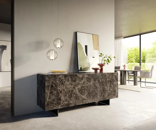 Sideboard Cuor 180 cm Keramik Laminam® Emperador Extra Lucidato Dunkelbraun 2 Türen 3 Schubfächer Fuß Schwebeoptik Metall Schwarz