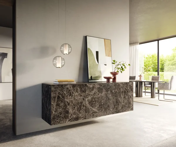 Sideboard Cuor 180 cm Keramik Laminam® Emperador Extra Lucidato Dunkelbraun 2 Türen 3 Schubfächer Schwebend