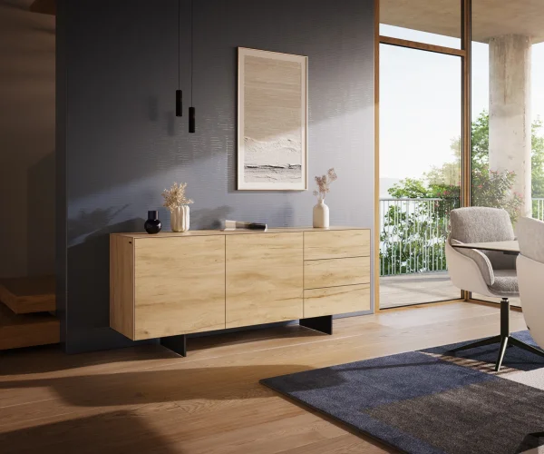 Sideboard Cuor 180 cm Keramik Laminam® Sabbia Eichefarbig 2 Türen 3 Schubfächer Fuß Schwebeoptik Metall Schwarz
