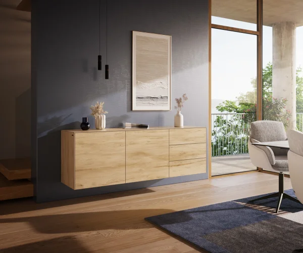 Sideboard Cuor 180 cm Keramik Laminam® Sabbia Eichefarbig 2 Türen 3 Schubfächer Schwebend