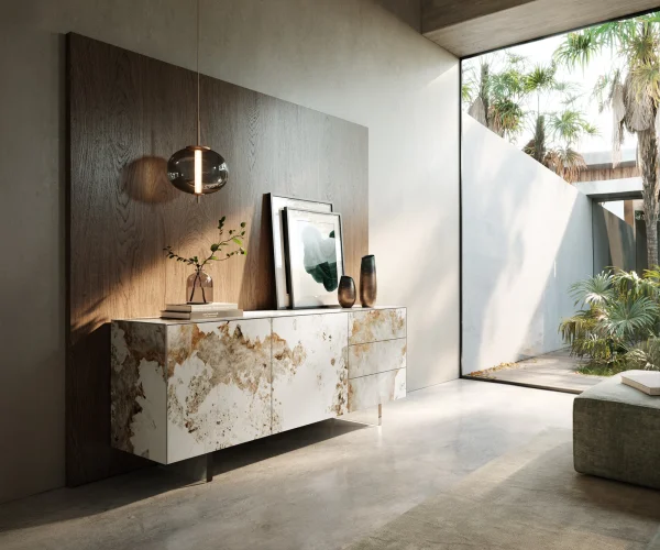 Sideboard Cuor 180 cm Keramik Minas Melange Weiß-Beige 2 Türen 3 Schubfächer Fuß Schwebeoptik Acrylglas