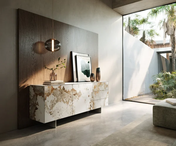 Sideboard Cuor 180 cm Keramik Minas Melange Weiß-Beige 2 Türen 3 Schubfächer Fuß Schwebeoptik Edelstahl