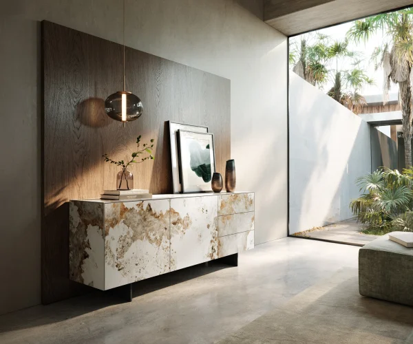Sideboard Cuor 180 cm Keramik Minas Melange Weiß-Beige 2 Türen 3 Schubfächer Fuß Schwebeoptik Metall Schwarz