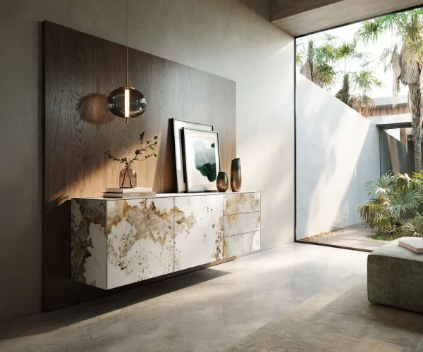 Sideboard Cuor 180 cm Keramik Minas Melange Weiß-Beige 2 Türen 3 Schubfächer Schwebend