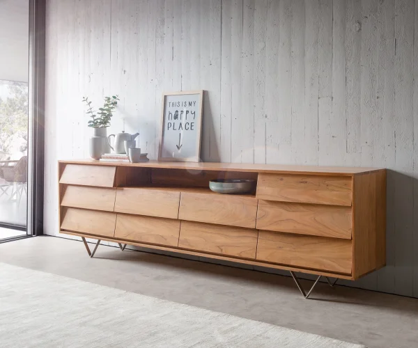 Sideboard Eloi 240x40 cm Akazie Natur 2 Türen 6 Schubladen V-Fuß Edelstahl