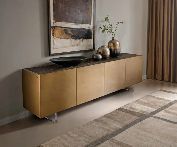 Sideboard Kazu 220 cm Metallic Gold 4 Türen Acrylfuß Keramik Laminam®Noir Desir Braun