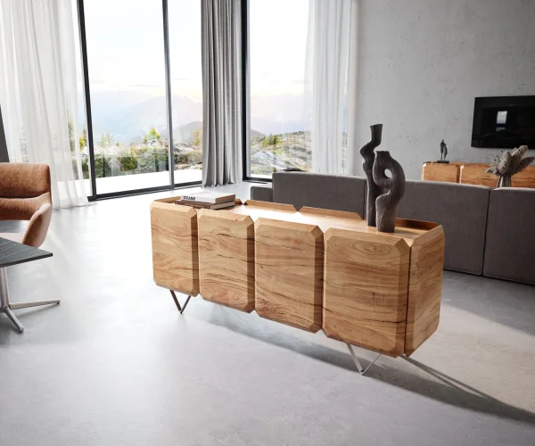 Sideboard Kiano 175 cm Akazie Natur 4 Türen V-Fuß Edelstahl Raumteiler