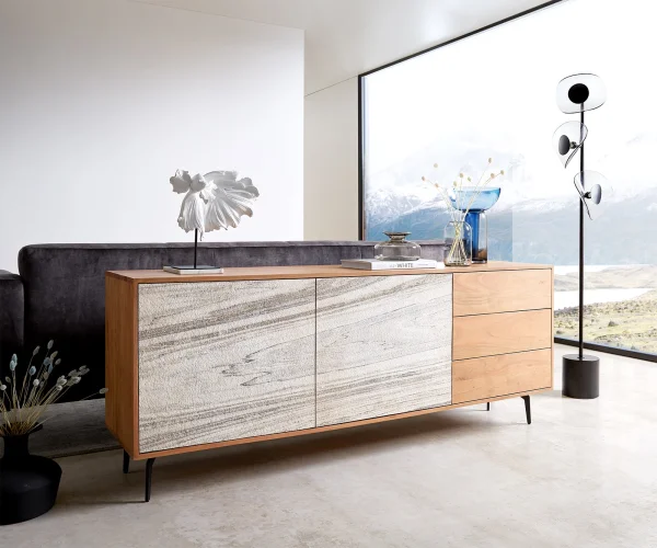 Sideboard Kleo 175 cm Akazie Natur 2 Türen 3 Schübe Winkelfuß Metall Schwarz