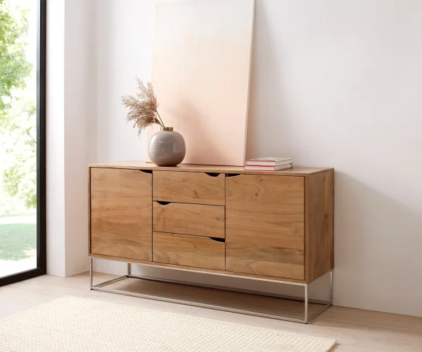 Sideboard Loca 140x39 cm Akazie Natur 3 Schübe 2 Türen