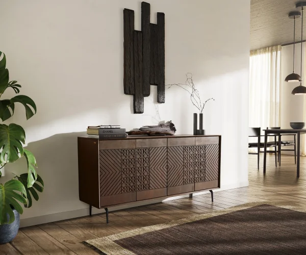 Sideboard Manjula 145 cm Mango Dunkelbraun 4 Türen Winkelfuß Metall Schwarz