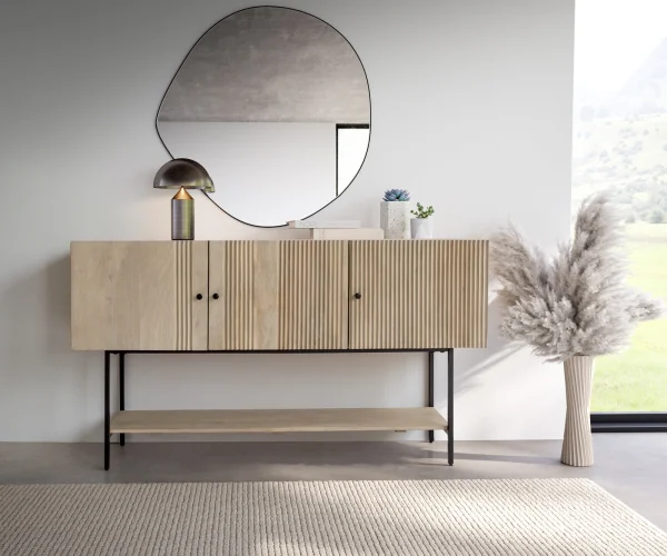 Sideboard Nencia 165 cm  Mango White Wash Metall Schwarz 3 Türen