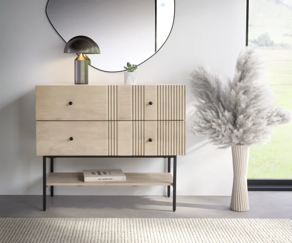 Sideboard Neria 100 cm Mango White Wash Metall Schwarz 2 Schubladen