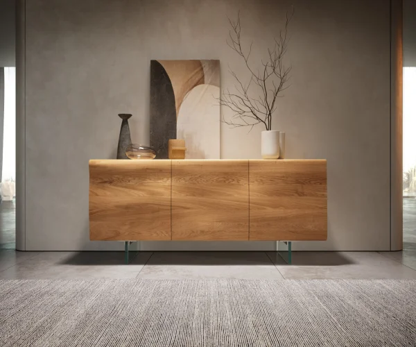 Sideboard New Live-Edge 145 cm Eiche Natur 3 Türen Glasfuß