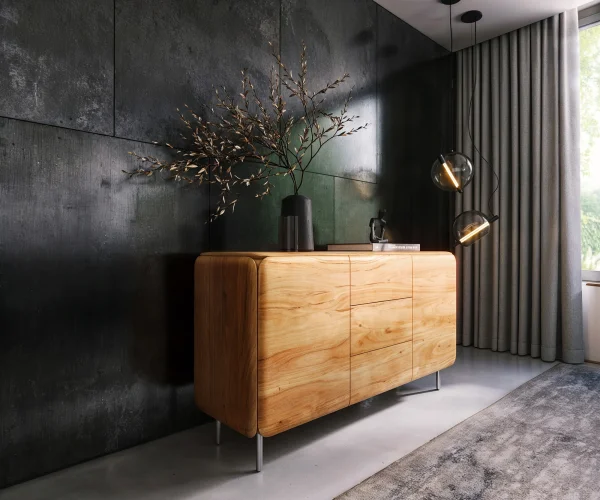 Sideboard Shavani 145 cm Akazie Natur 2 Türen 3 Schubladen Rundfuß Edelstahl Silber