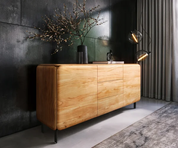 Sideboard Shavani 175 cm Akazie Natur 2 Türen 3 Schubladen L-Fuß Metall Schwarz