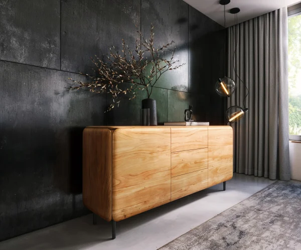 Sideboard Shavani 175 cm Akazie Natur 2 Türen 3 Schubladen Rundfuß Metall Schwarz